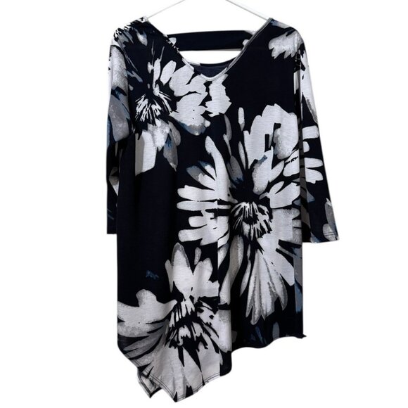 Clara Sun Woo Women Size Large Tunic Top Asymmetrical Floral Stretch Artsy City - Picture 2 of 9